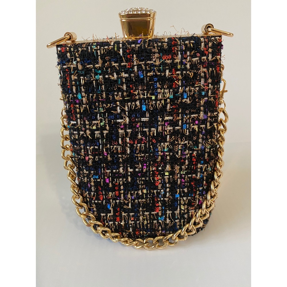 Multicolor Tweed Evening Clutch Bag Gold Chain Strap Crystal Clasp Structured